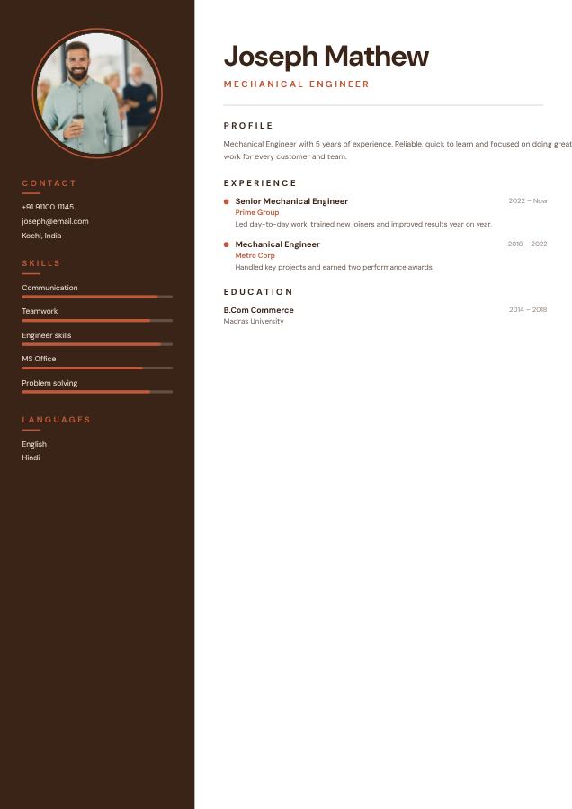 Terracotta Joseph Mathew Mechanical Engineer Resume — editable resume template