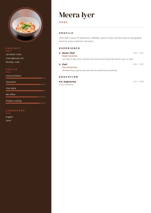 Terracotta Meera Iyer Chef Resume — editable resume template