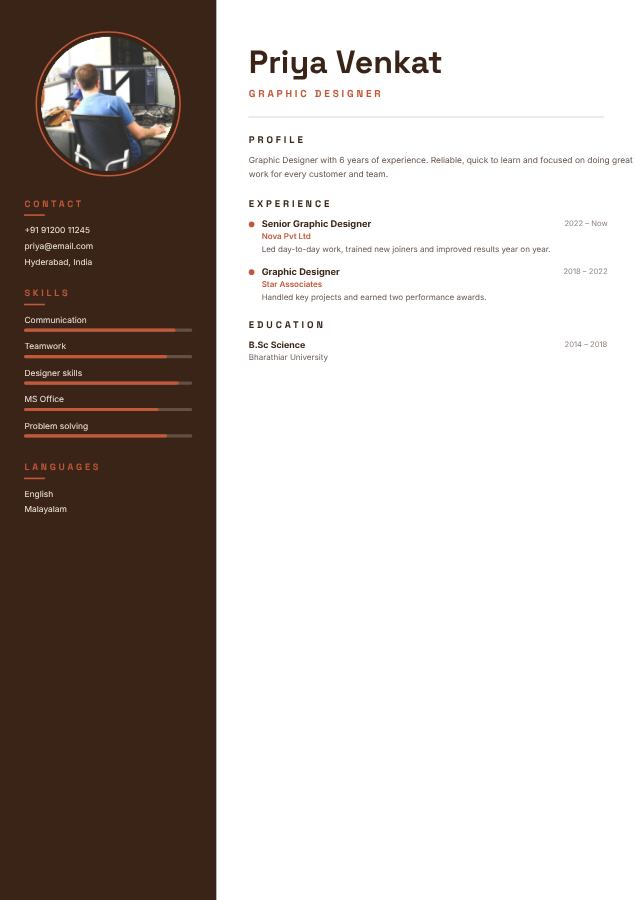 Terracotta Priya Venkat Graphic Designer Resume — editable resume template