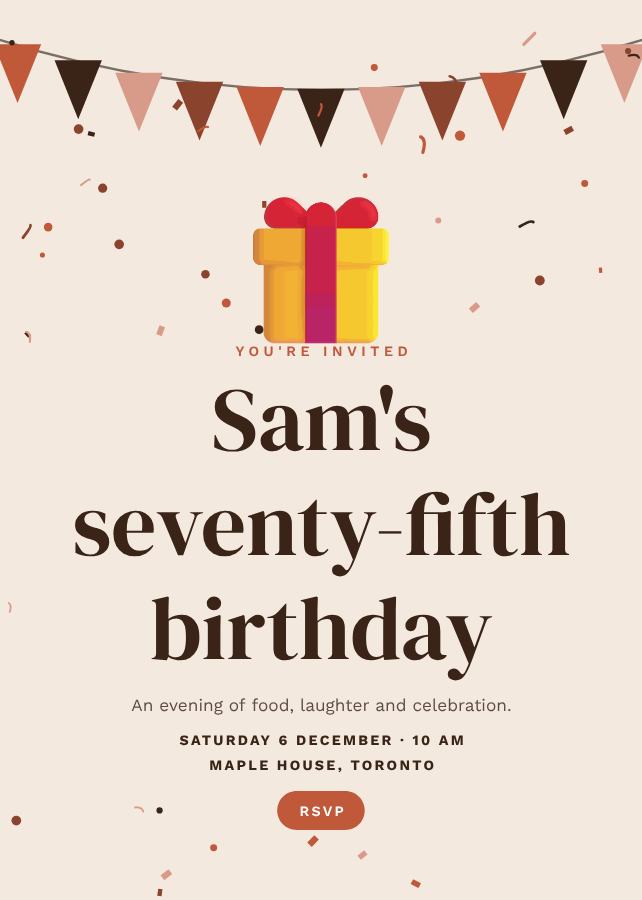 Terracotta Sam's Seventy-Five Birthday Invitation — editable birthday template