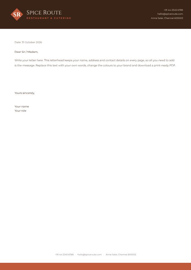Terracotta Spice Route Bold Letterhead — editable business template