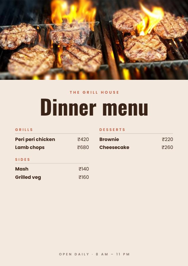 Terracotta The Grill House Dinner menu — editable menus template