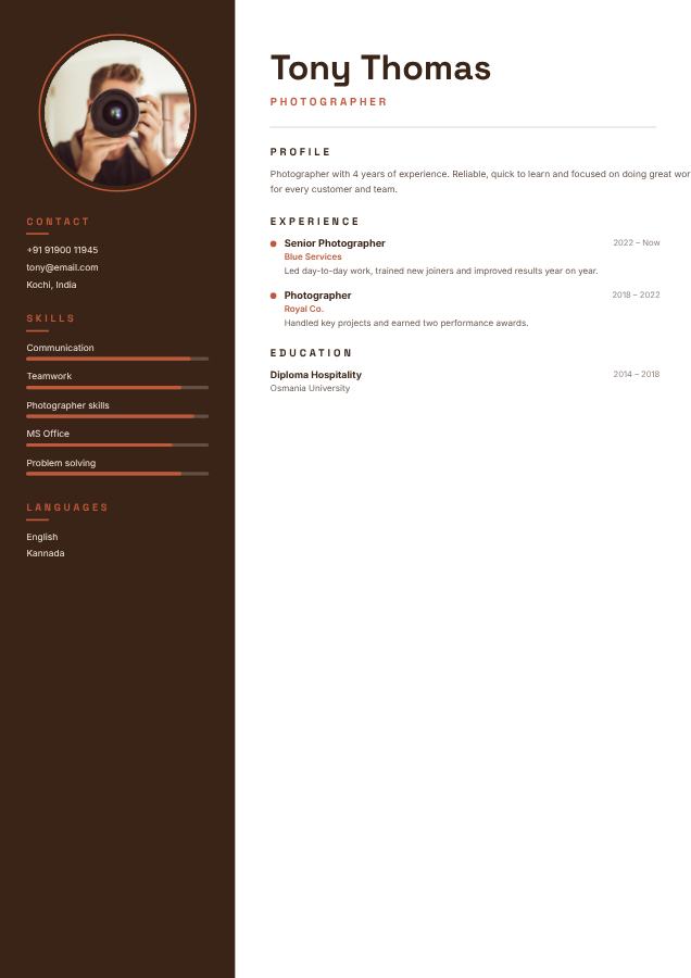 Terracotta Tony Thomas Photographer Resume — editable resume template