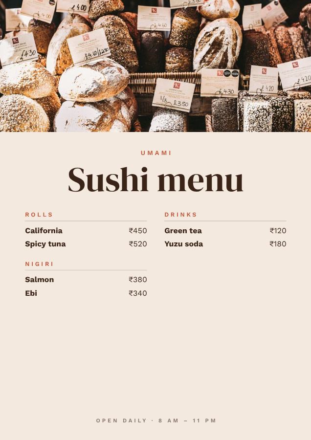 Terracotta Umami Sushi menu A4 — editable menus template
