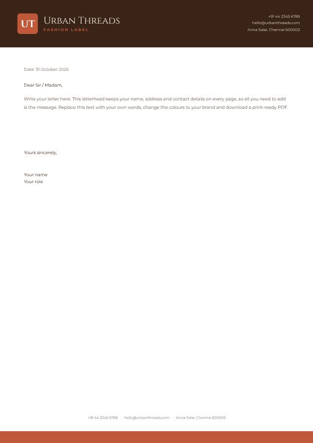 Terracotta Urban Threads Bold Letterhead — editable business template
