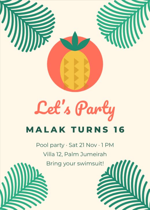 Tropical Palm Pineapple Birthday Invitation template