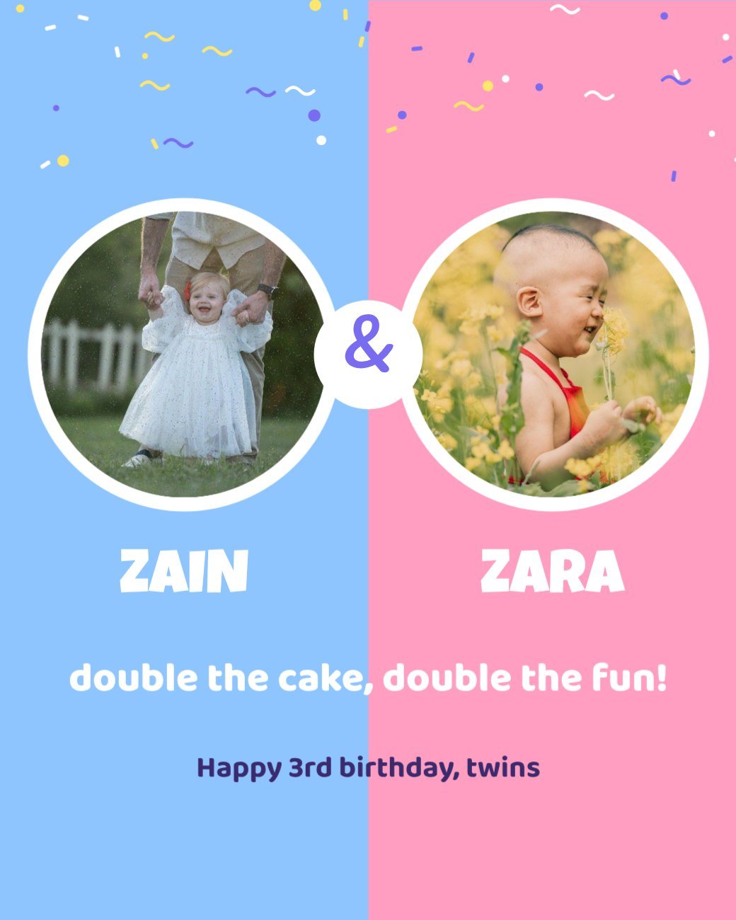 Twins Split Colour Birthday Post — editable birthday template