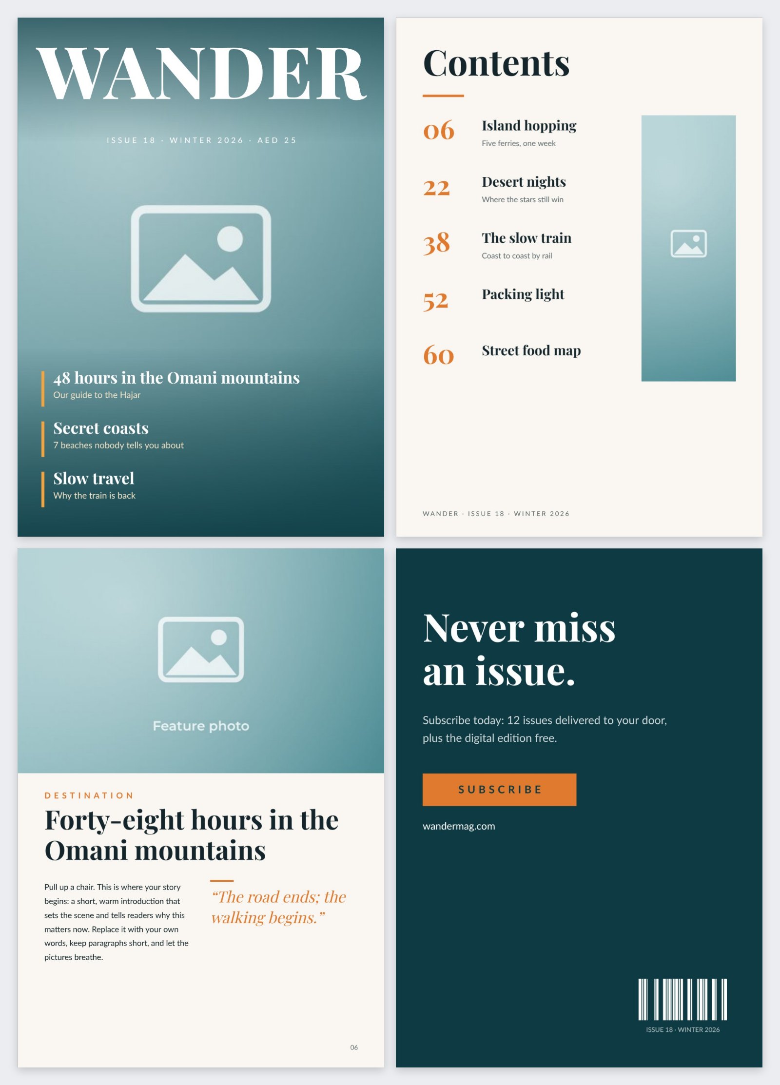 Wander Travel Magazine — editable marketing template