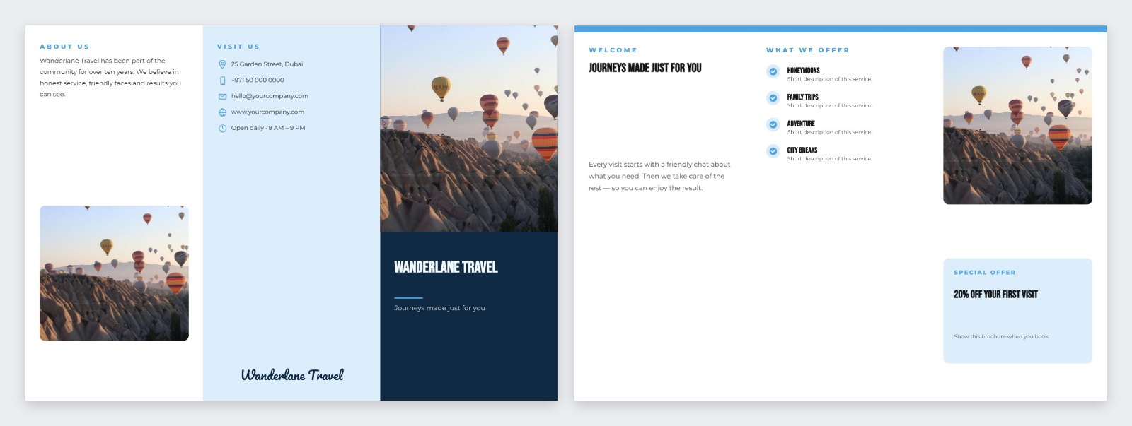 Wanderlane Travel Tri-fold Brochure — editable business template