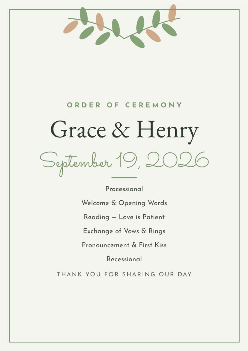 Wedding Ceremony Program — editable wedding template