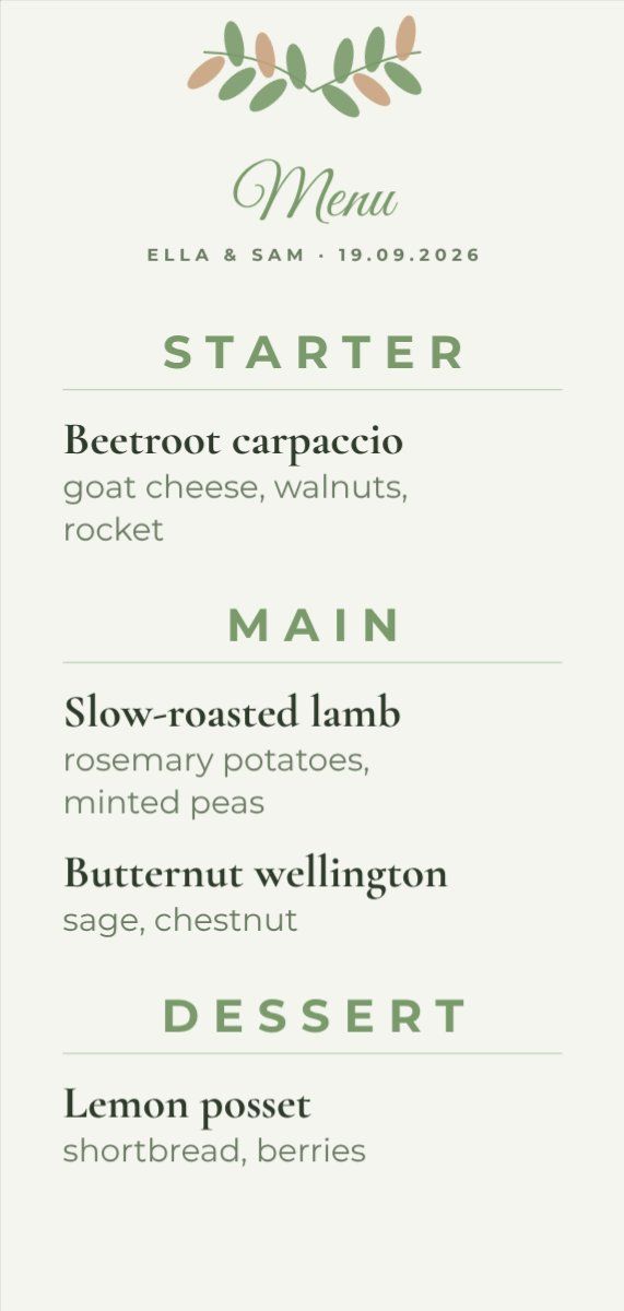 Wedding Dinner Menu Card — editable menus template