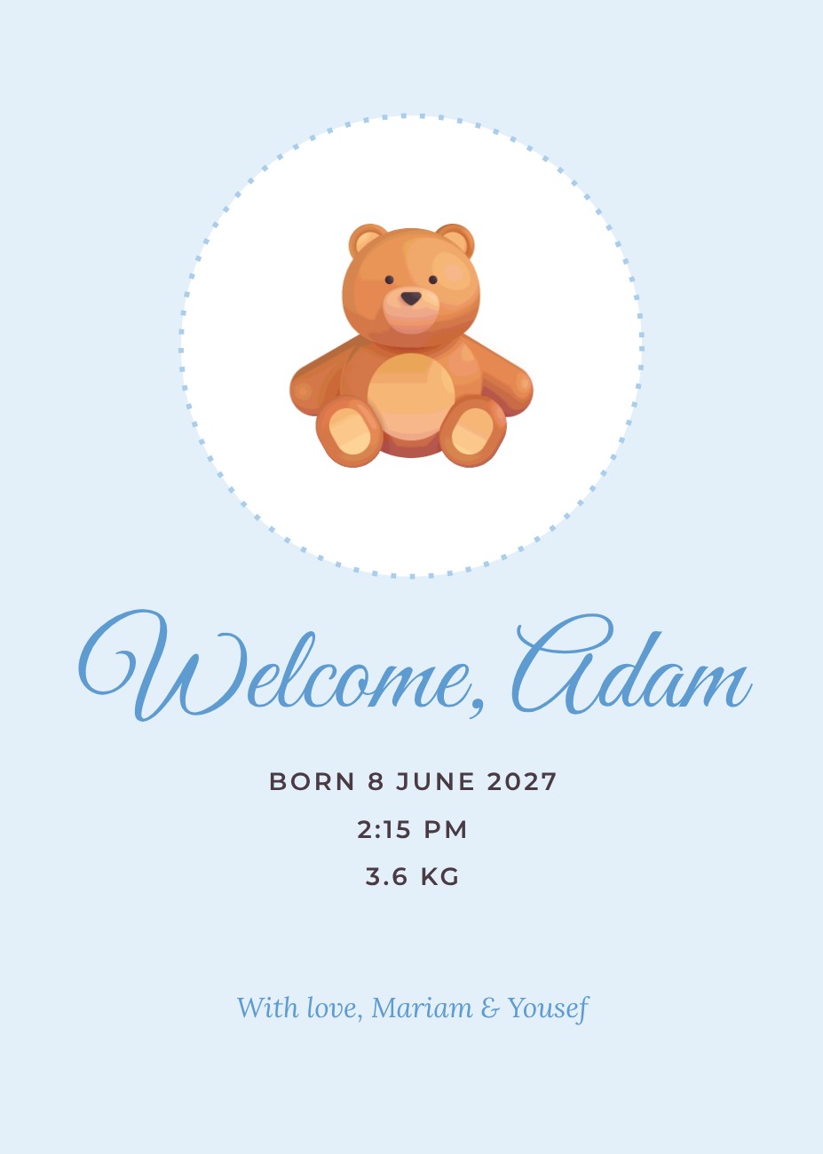 Welcome Baby Boy Announcement — editable love & family template