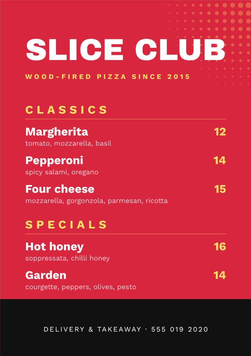 Wood Fired Pizza Menu — editable menus template