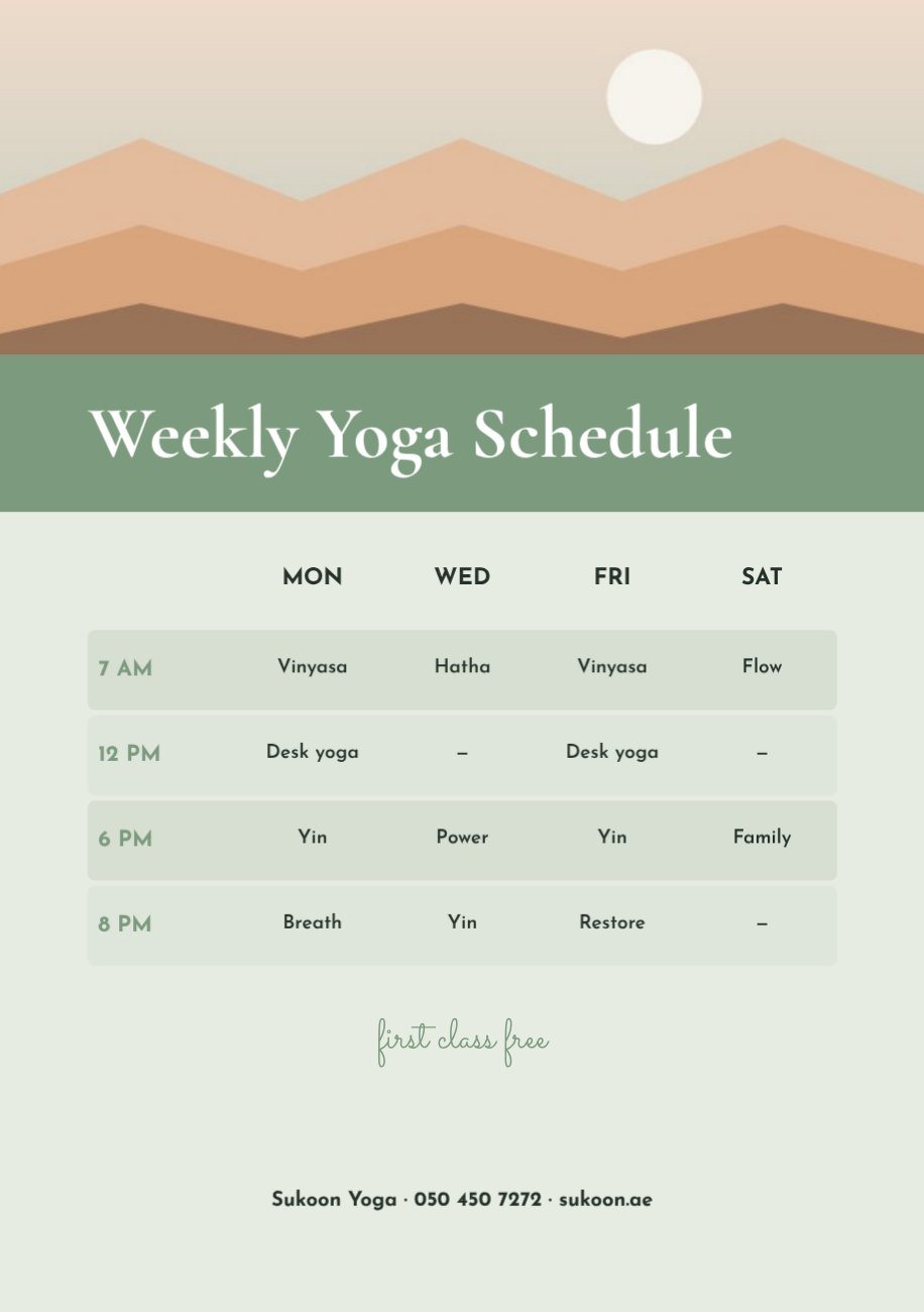 Yoga Class Timetable A5 Flyer — editable marketing template