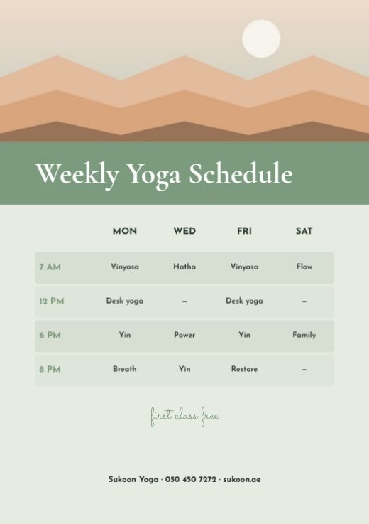 Yoga Class Timetable A5 Flyer template